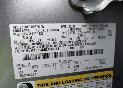 2021 Ford Expedition Xlt Max из США, поврежденный, VIN 1FMJK1JT3MEA32071